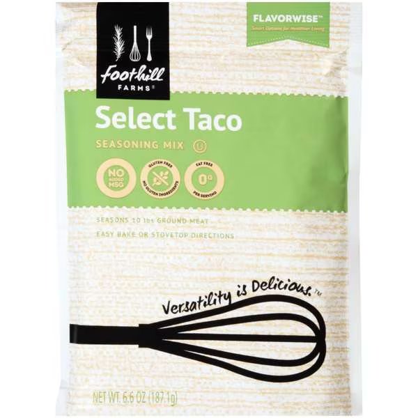 Select Reduced Sodium No MSG Taco Seasoning Mix 6.6 oz. Packet, PK6, Foothill Farms, Mfr#: V413-D9190